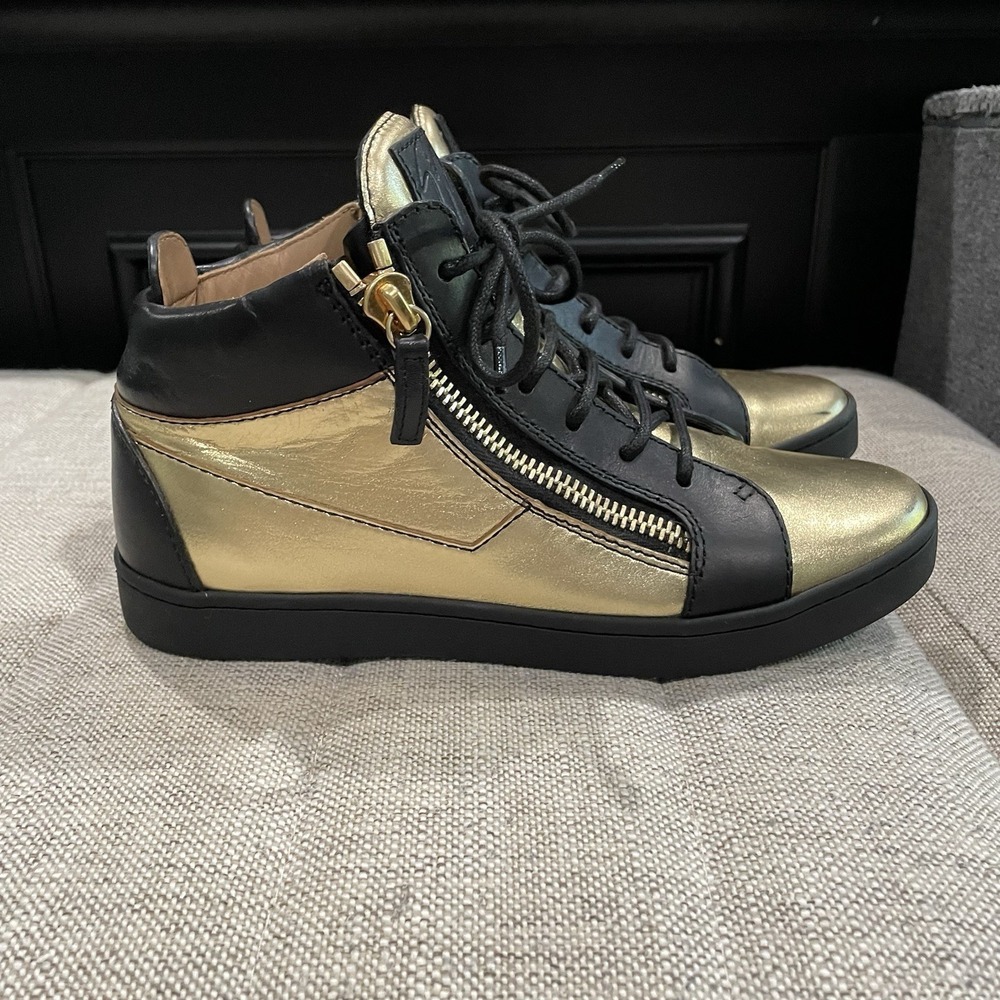 Giuseppe Zanotti Womens 38 7.5 8 Black Gold High-Top Sneakers W/ Zipper - Picture 2 of 15